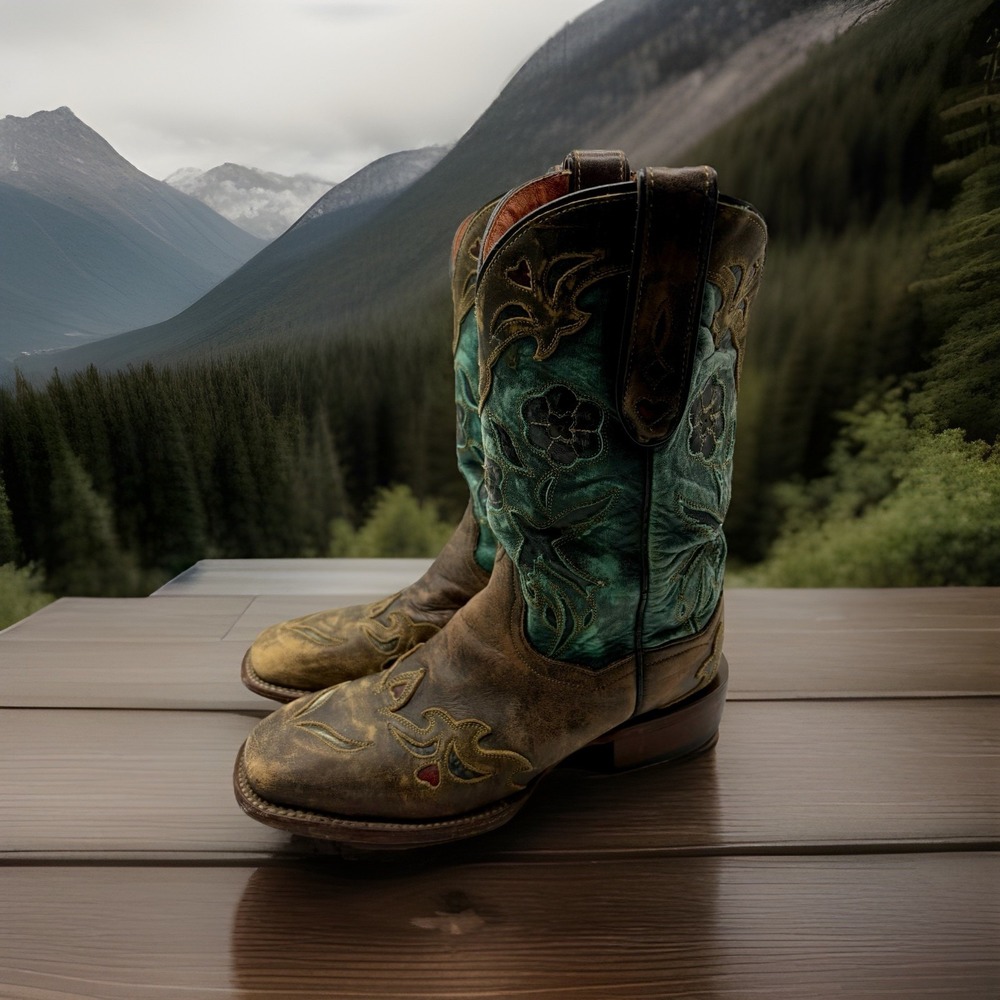 Vintage Dan Post DP2914 Bluebird Turquoise Floral Inlay Cowboy Boots Women's 6.5
